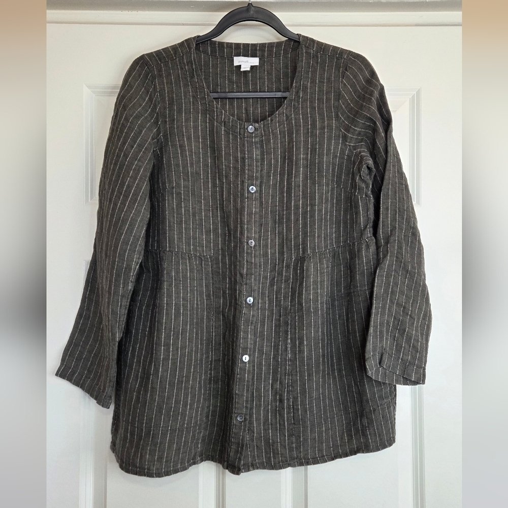 J. Jill 'PureJill' Olive Green & Cream Striped Linen Button Down Tunic - Size XS - Picture 2 of 8